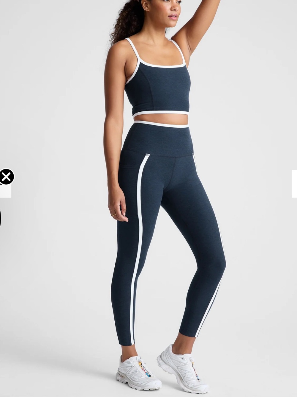Beyond Yoga Blue Crop Top and High-Waist Leggings with White Trim - Picture 2 of 2